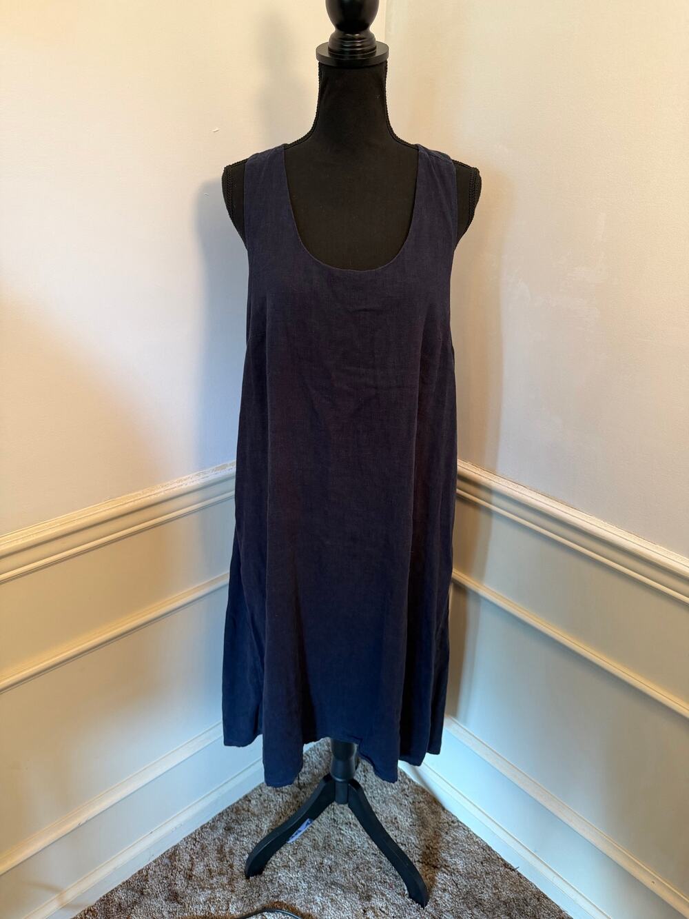 FatFace Navy Blue Linen Blend Sleeveless Scoop Neck Midi Shift Dress Minimalist
